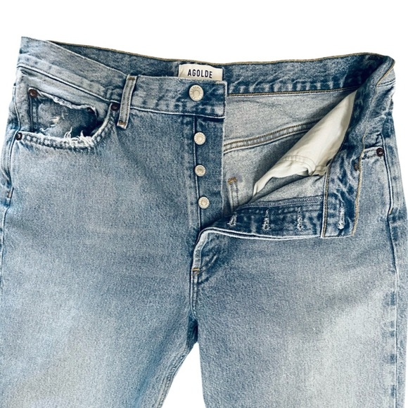 AGOLDE Riley Ankle Crop High Rise Straight Leg Blue Jean Distressed Hem Size 30 - Picture 8 of 12